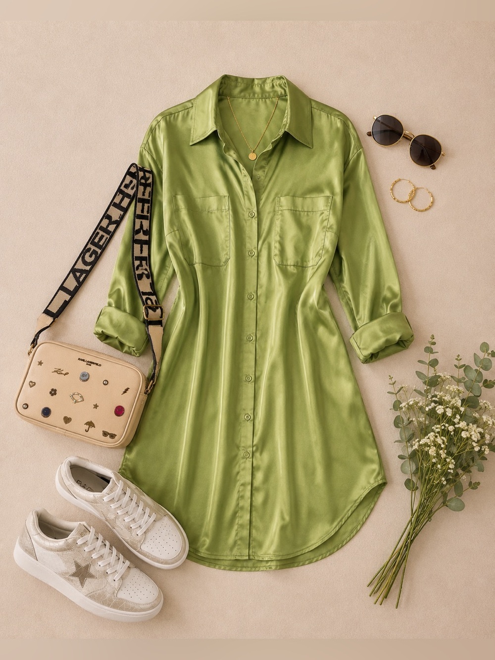 Princess Polly Satin Mini Shirt Dress Green Button Front